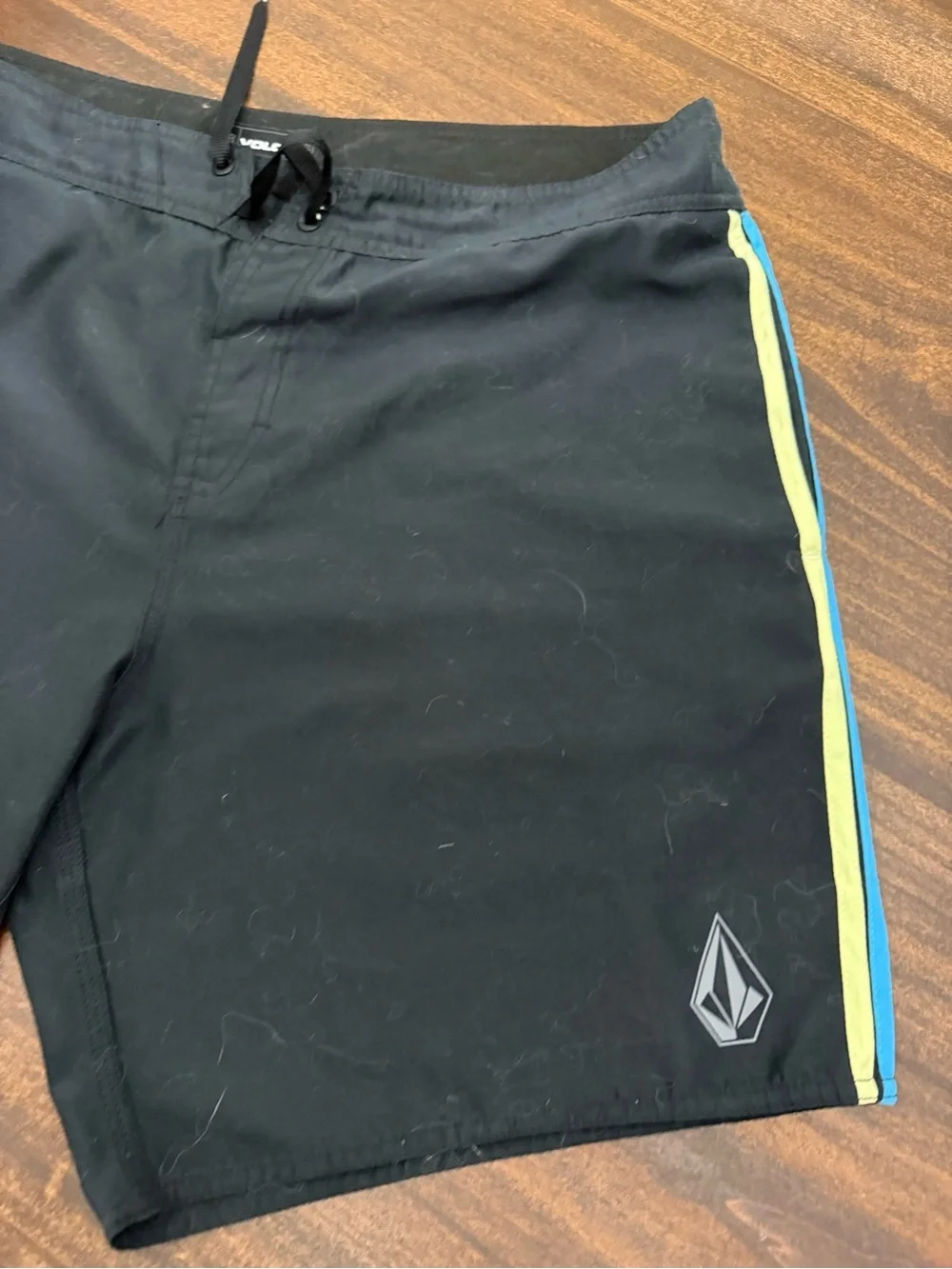 Volcom Men’s Black with Blue and Yellow Side Stripe Board shorts